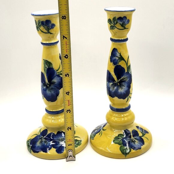 Candlesticks Andrea By Sadek French Country Yellow /Blue Violets Floral Ceramic - Picture 6 of 8